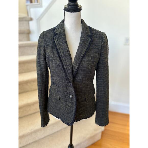 Banana Republic Factory Olive Green Navy Boucle Tweed Fringe Trim Blazer
